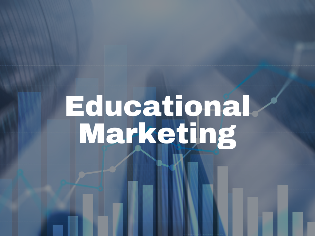 Schriftzug ‚Educational Marketing‘ vor Hochhäusern und transparenten Balken- sowie Liniendiagrammen - symbolisieren Wachstum und Datenvisualisierung.