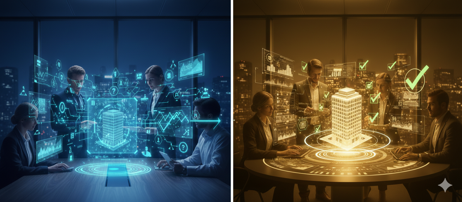 Digitaler Zwilling und Immobilien-Analytik: Zwei kontrastierende Visualisierungen eines Expertenteams, das ein 3D-Gebäudemodell mittels futuristischer Daten-Interfaces und Erfolgskontrollen analysiert.