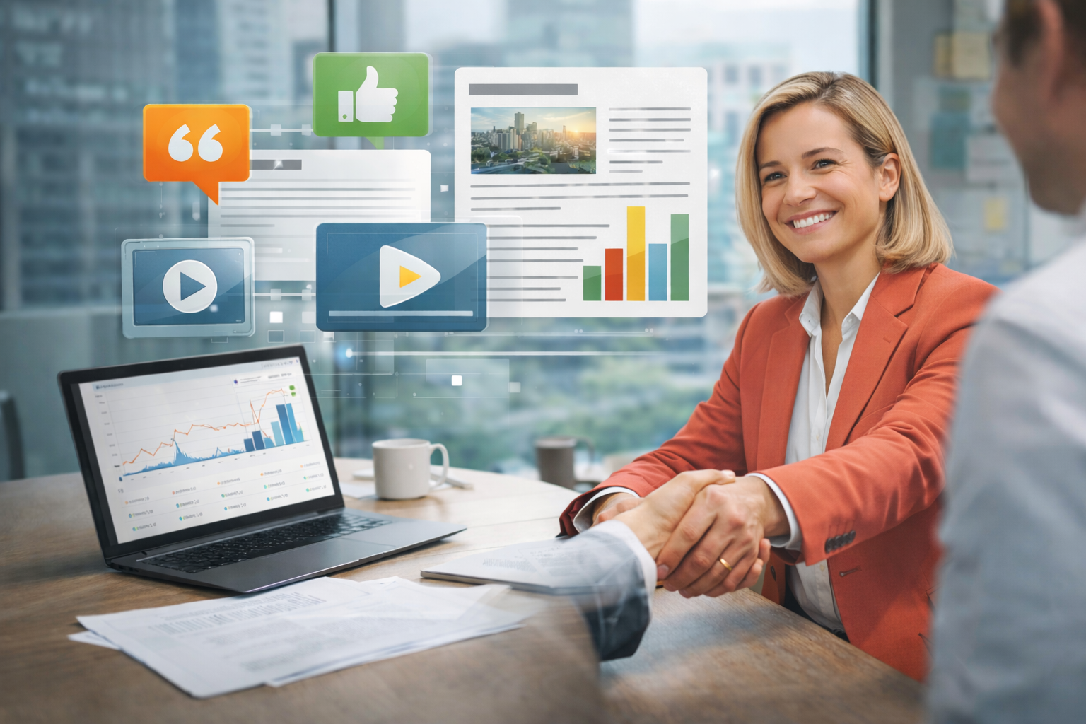 Erfolgreiches B2B-Marketing und Sales-Reporting: Eine lächelnde Geschäftsfrau beim Handschlag vor einem digitalen Dashboard mit Video-Content-Metriken und Wachstums-Statistiken.