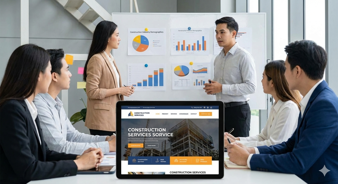 Ein Marketingteam in einem Büro diskutiert Strategien für die Baubranche vor einem Whiteboard mit Diagrammen und einem Tablet, das eine Website für Baudienstleistungen zeigt.