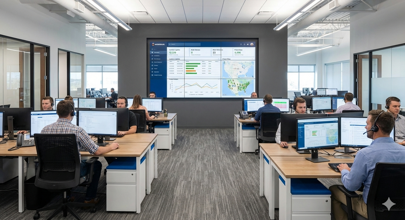Ein geschäftiges Großraumbüro eines Bauzulieferers, das als zentrale Schaltstelle fungiert. Mitarbeiter mit Headsets arbeiten an mehreren Monitoren, im Hintergrund ein großes Dashboard mit Logistik- und Projektdaten.