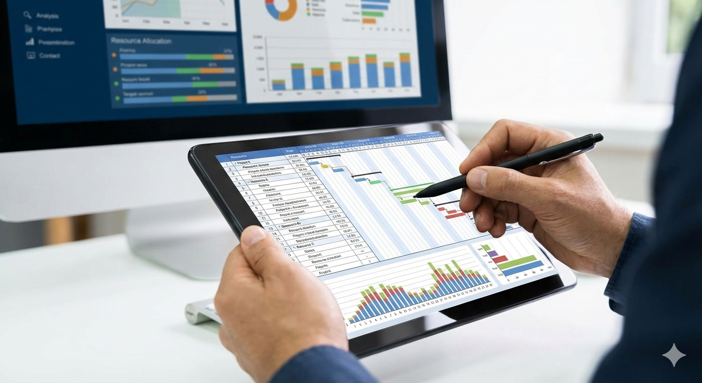 Nahaufnahme von Händen, die mit einem Stift auf einem Tablet komplexe Projektdaten und Diagramme analysieren, während im Hintergrund ein Desktop-Monitor weitere Analysen zeigt.