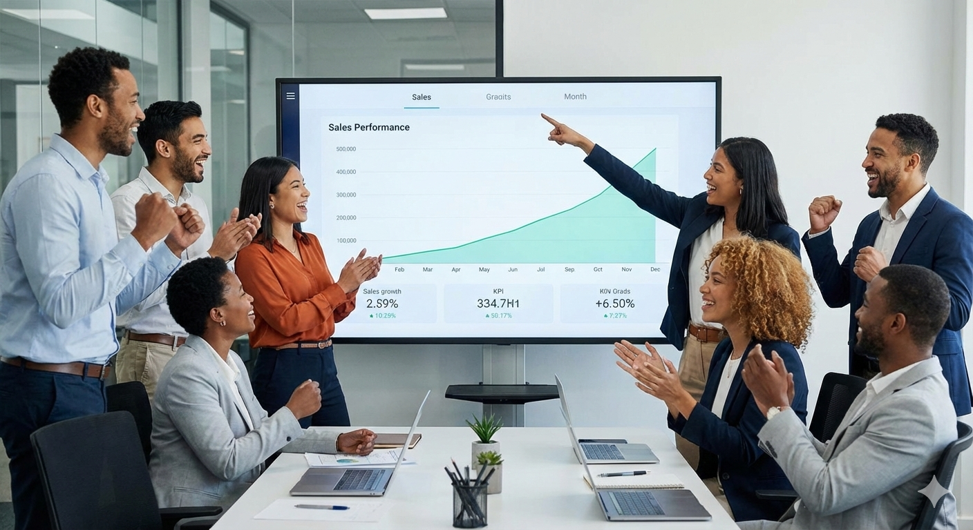 Ein vielfältiges Vertriebsteam feiert im Büro vor einem großen Bildschirm, der eine steil ansteigende Umsatzkurve zeigt, und jubelt über die gesteigerte Performance.