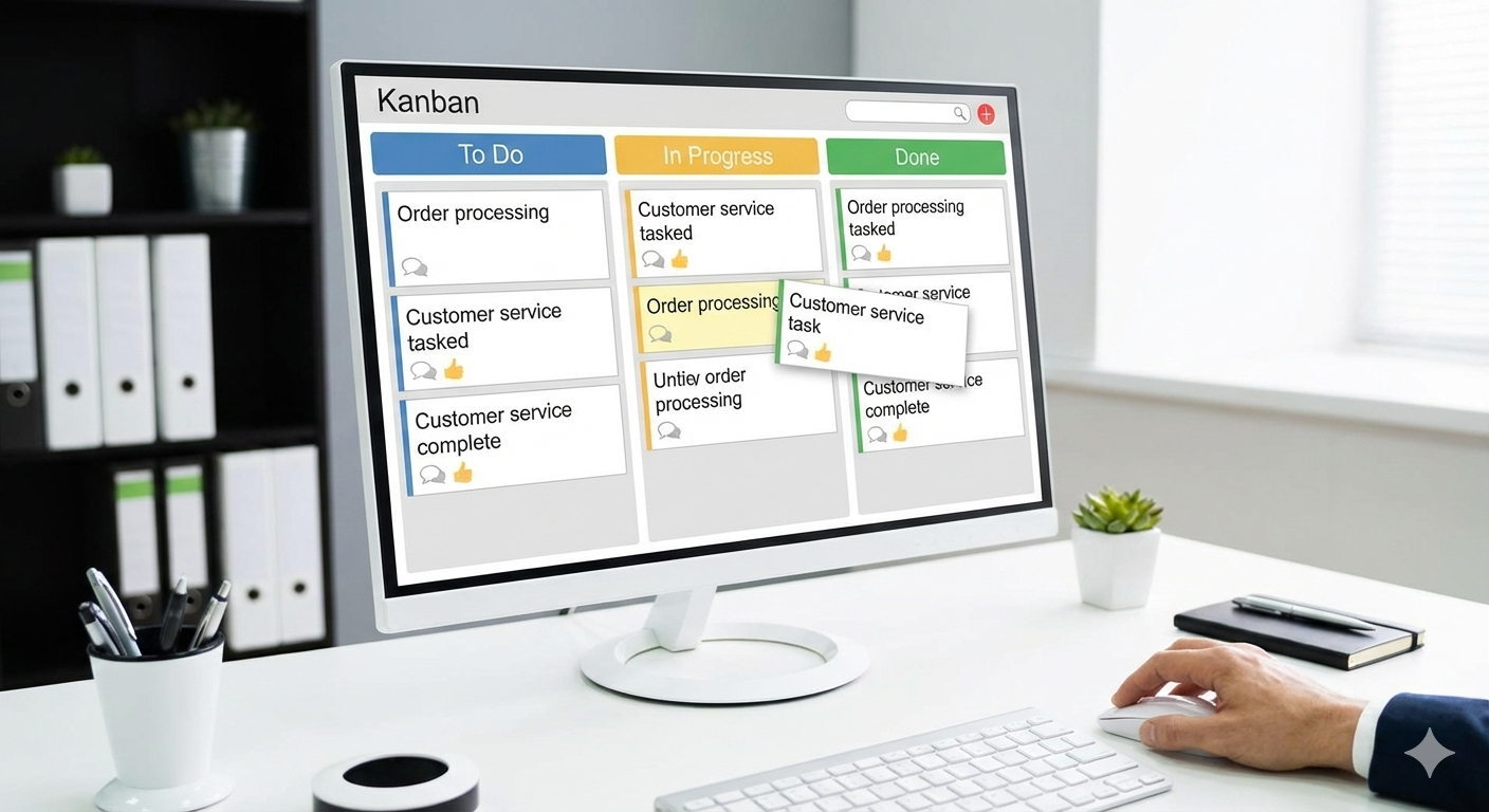 Ein aufgeräumter Schreibtisch mit einem Computer, auf dessen Bildschirm ein digitales Kanban-Board für die Aufgabenverwaltung im Innendienst zu sehen ist, um effiziente Prozesse zu visualisieren.