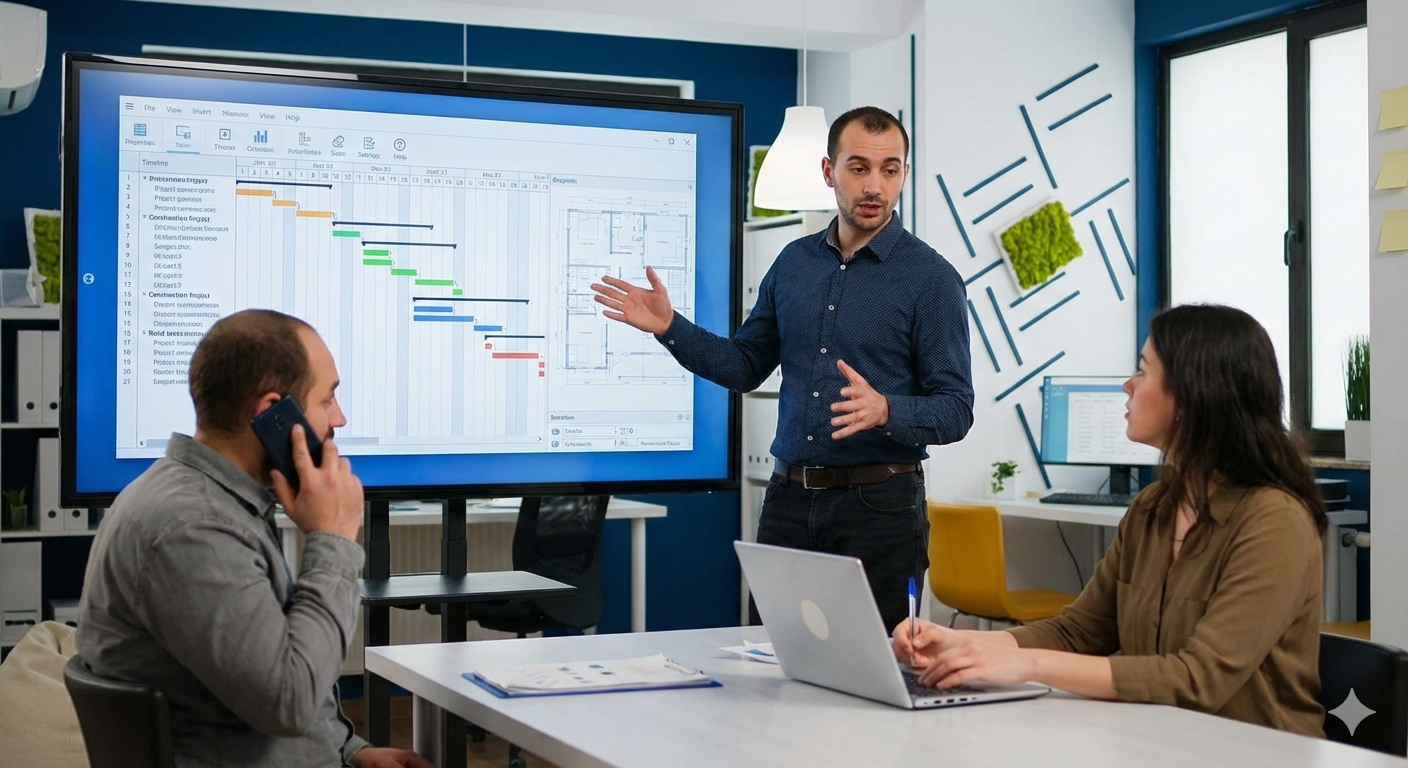 Ein Innendienstleiter erklärt zwei Kollegen vor einem großen Bildschirm mit einem Gantt-Diagramm und Bauplänen eine komplexe Problemlösung, während ein Kollege telefoniert.