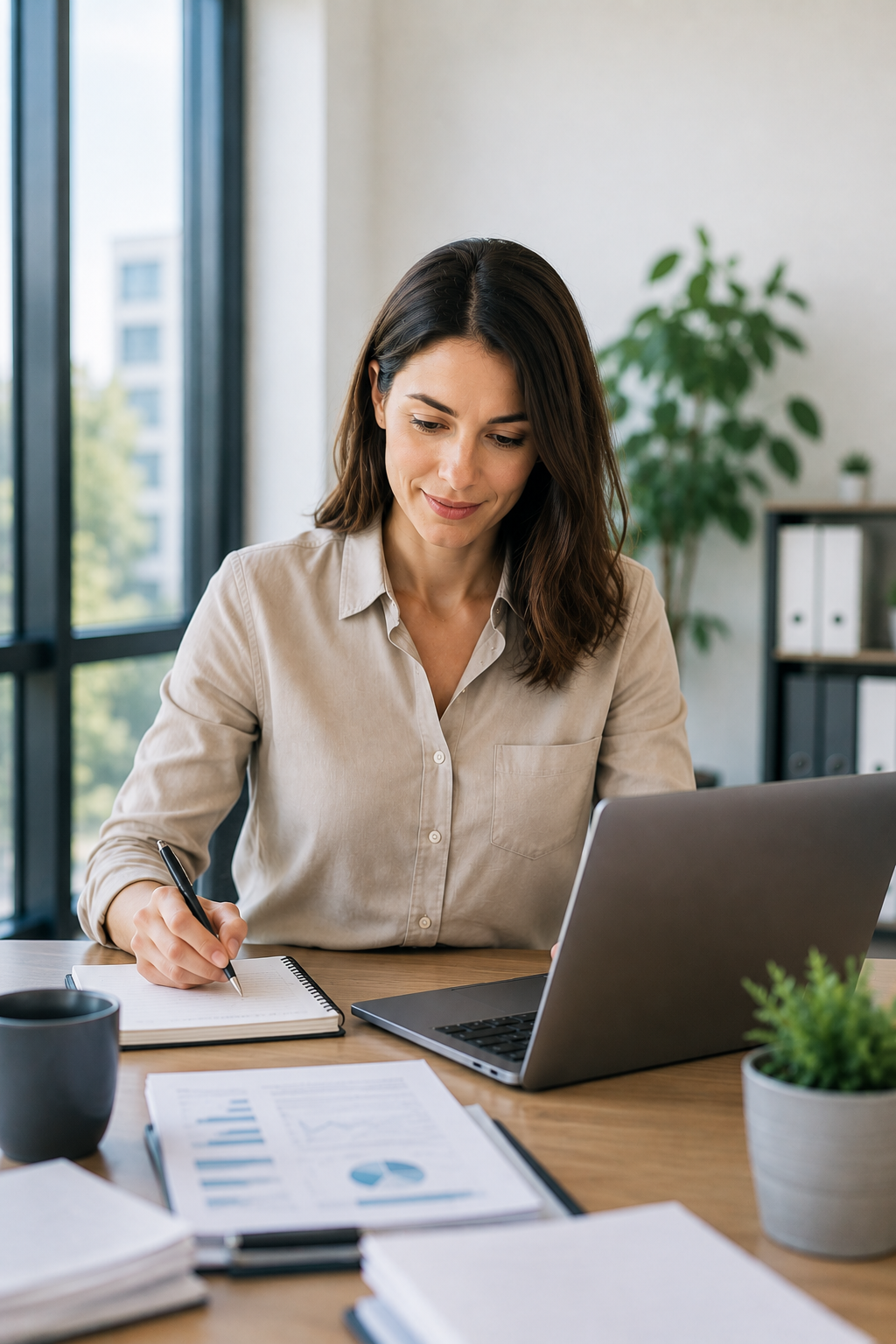 Mitarbeiterin prüft Bauprojekte und Projektinformationen für die Lead Qualifizierung im Projektvertrieb mit My ProjectSales.